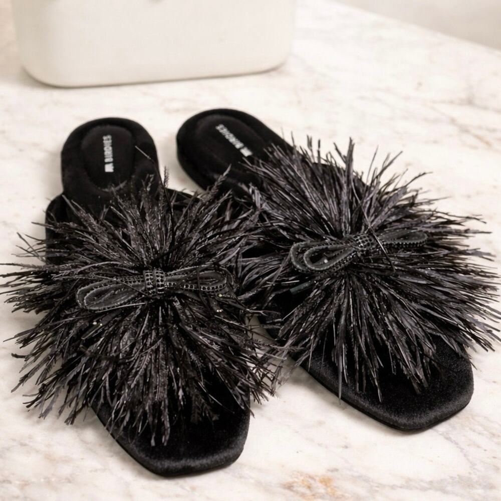 Birdies Elegant Black Ostrich Feathered Mule 6.5‎ - Picture 2 of 6